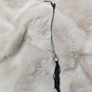 Marisa Mason Foxen black leather fringe long pendant necklace